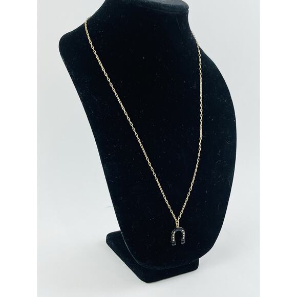 J. Crew Designer Gold Tone Horseshoe Black Pendant Necklace 27” Hoof Brass Tone - Picture 5 of 16